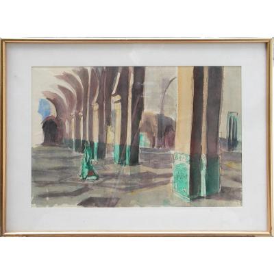 H. DEICHELBOHRER "Intérieur de mosquée" aquarelle 28x41